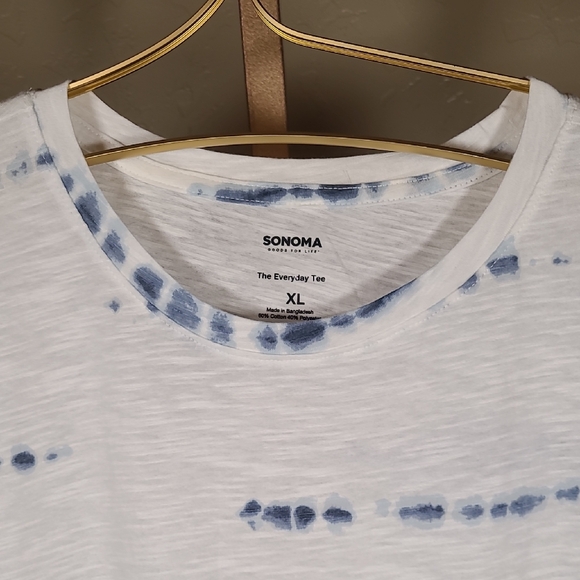 Sonoma Women's White and Blue Tie Dye Striped Tee XL - Picture 3 of 7